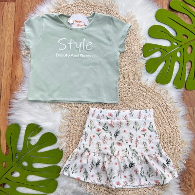 Conj. Blusa Style e Short Saia Floral - Verde